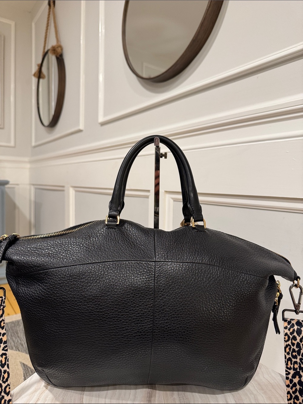 Tory Burch Bag Ivy Slouchy Black Leather Satchel with Leopard Crossbody Strap - Picture 9 of 17